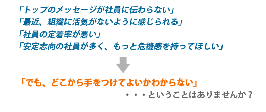 「トップのメッセージが社員に伝わらない」「最近、組織に活気がないように感じられる」「社員の定着率が悪い」「安定志向の社員が多く、もっと危機感を持ってほしい」・・・「でも、どこから手をつけてよいかわからない」ということはありませんか？ 